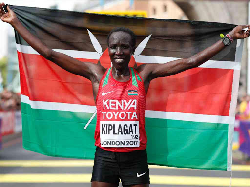 Athletics - World Athletics Championships – women’s marathon – London, Britain – August 6, 2017 – Edna Ngeringwony Kiplagat of Kenya gestures after finishing second. REUTERS