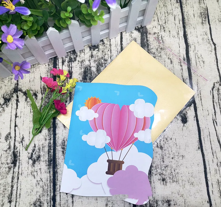 Cartões de felicitações criativos com balão de ar quente estereoscópico do Dia dos Namorados Qixi, presente romântico e especial.
