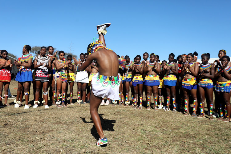 Zulu maidens celebrating the entering of the kraal of King Misuzulu kaZwelithini.