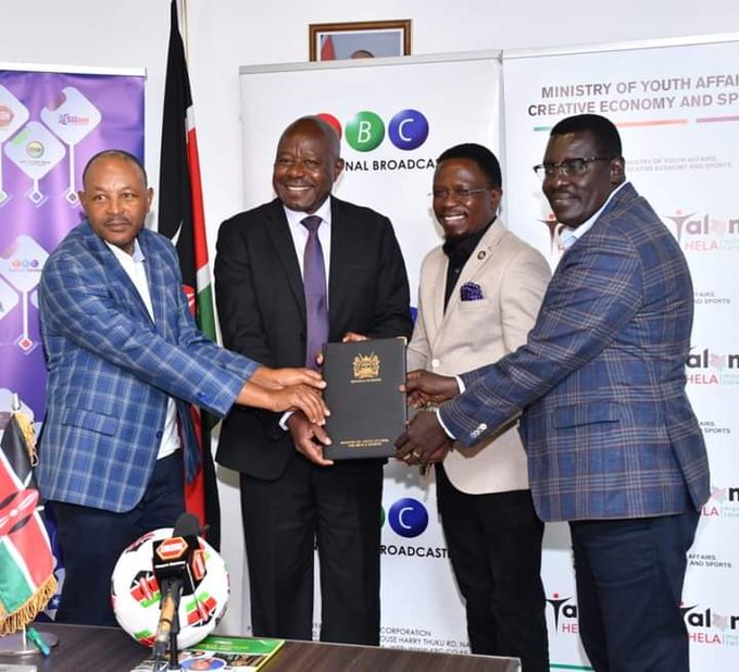 From left: KBC acting Managing Director Paul Macharia, Prof. Edward Kisiang'ani, Sports CS Ababu Namwamba and PS Peter Tum during the launch