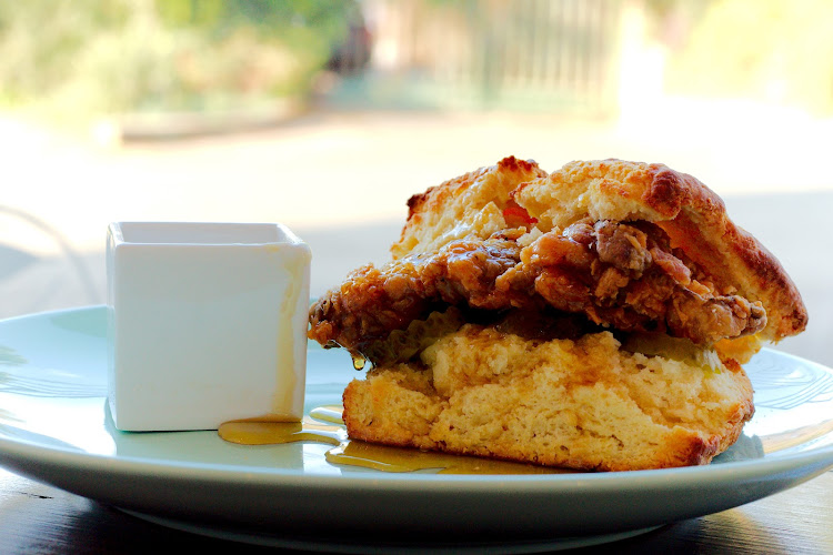 'The Charleston': a biscuit with a fried chicken served with pickles and jalapeno honey