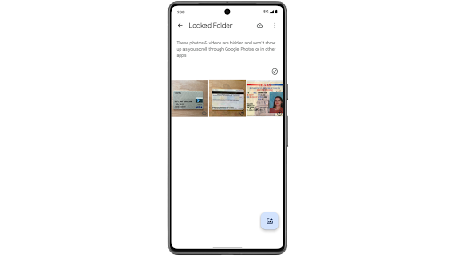 Using an Android phone to move videos and photos in Google Photos into the password protected Locked Folder, and showing that the folder is backed up to the cloud.