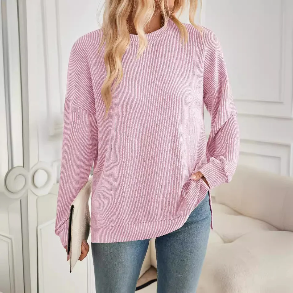 Damen gestreifter lockerer Long Sleeve Schlitz-Pullover – Perfekt für einen lässigen, bequemen Stil und vielseitig kombinierbar.
