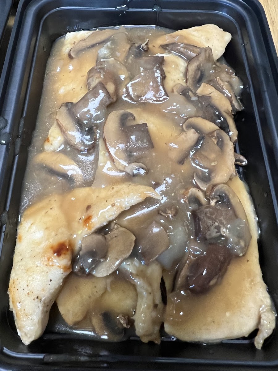 Chicken Scallopini, Sauted chicken breast slices cooked in butter and olive oil, drenched in a mushroom, sherry wine, and lemon sauce. Can be ordered frozen as a great go to meal when you need it.