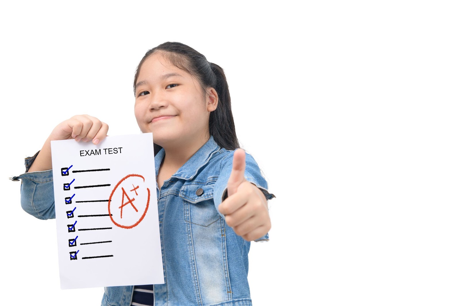 Cute smart girl student showing perfect grade test results isolated on white background.