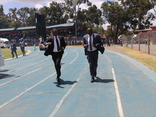 Governor Alfred Mutua and Deputy Governor Francis Maliti at Kenyatta Stadium, Machakos, yesterday /GEORGE OWITI