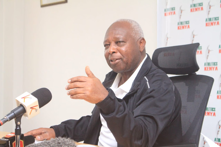 Athletics Kenya President Jack Tuwei during a press briefing on World Championships National trials at Riadha House Nairobi on July 1,2023.