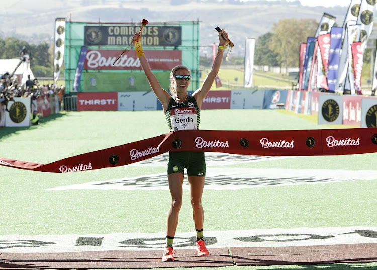 Gerda Steyn winner of the 94th Comrades Marathon on June 09, 2019 in Durban, South Africa. Steyn made a time of 5:58:53.