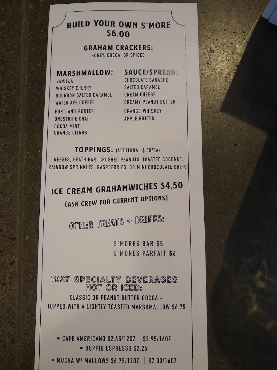 1927 S'mores Company gluten-free menu