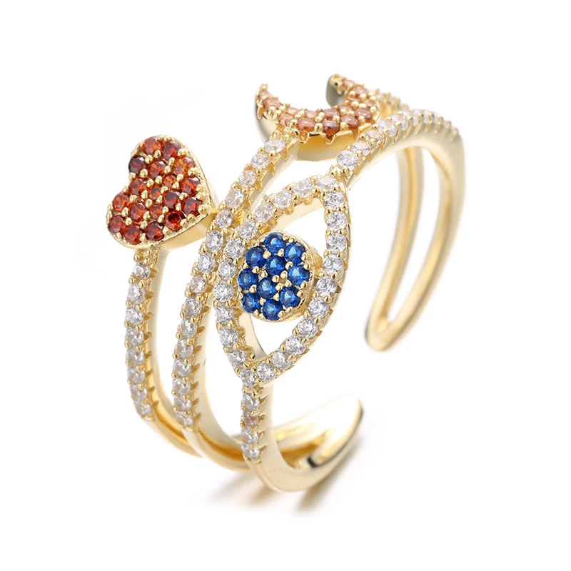Gepersonaliseerde damesmode ring met duivels oog, maan en hart. Uniek sieraad, perfect als cadeau.