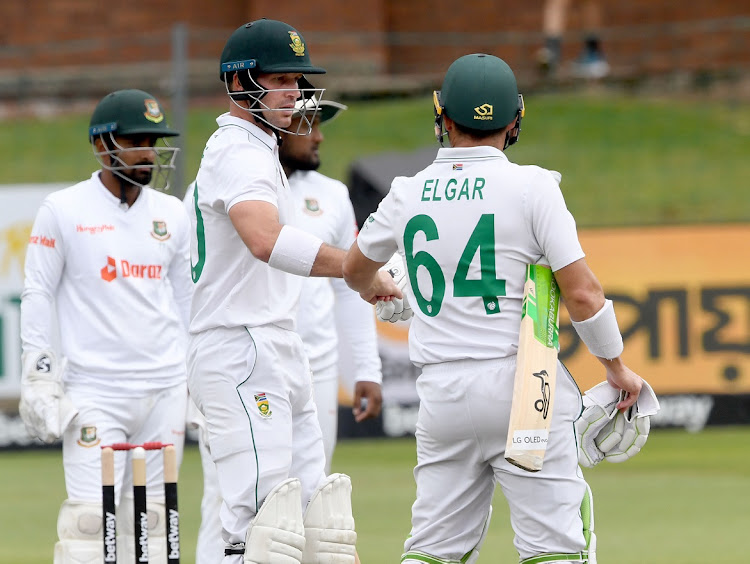 SA's Sarel Erwee and Dean Elgar go to their 50-run partnership on day 3 of the second Test against Bangladesh at St George's Park in Gqeberha on April 10 2022.