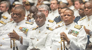 Rear Admiral BK Mhlana, captain of the submarine SAS Manthatisi, Charles Phokane and chief of the navy Vice-Admiral Monde Lobese are seen at the combined memorial service of three submariners who drowned off Cape Town last month. File photo.