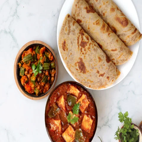 Kadhai Paneer, Bhindi Chana, Paratha Thali