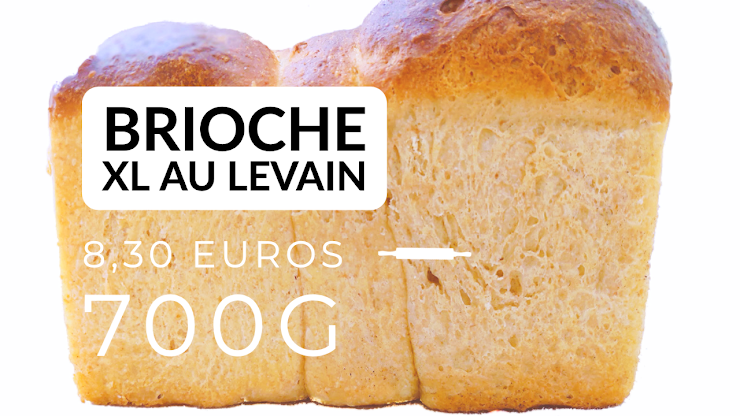 Ingrédients : farine de blé bio T80, oeufs bio, beurre bio, sucre de canne bio, du  levain naturel de seigle, sel de Guérande, eau. La brioche est cuite au four à feu de bois.