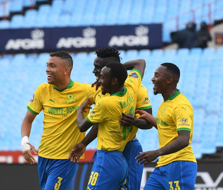 Brian Onyango of Mamelodi Sundowns celebrates a goal during the DStv Premiership match against Orlando Pirates at Loftus Versfeld on January 2 2021 in Pretoria.