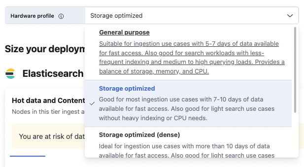 Hardware profile section in the Elastic Pricing Calculator