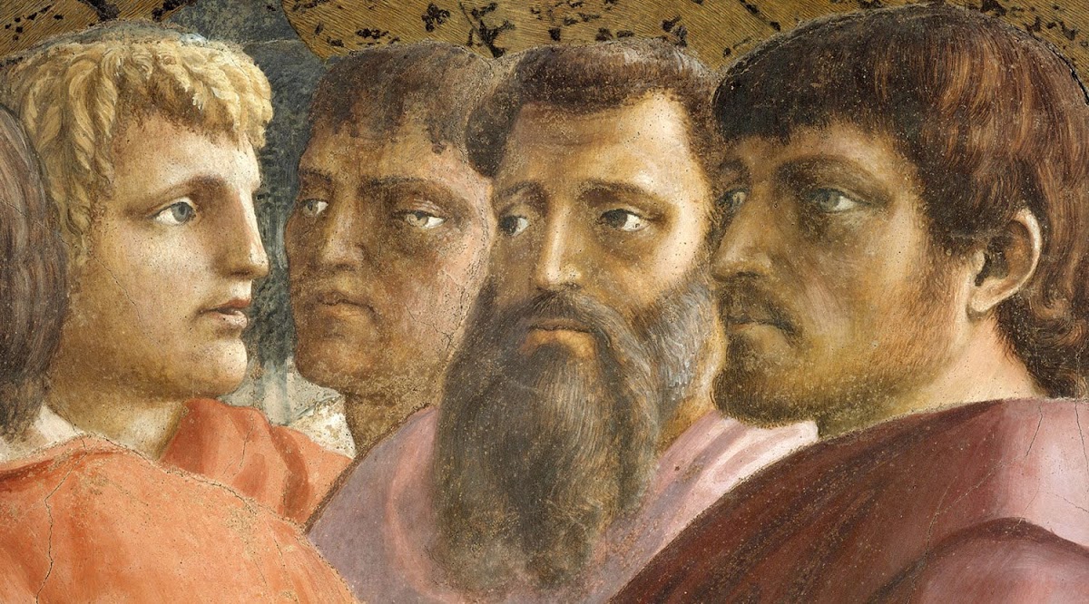 Masaccio, Il Pagamento del Tributo (particolare degli apostoli), fresco in de Cappella Brancacci, Santa Maria del Carmine, Firenze