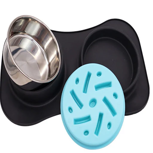 Dog Bowl Pet Slow Food Bowl Silicone Stainless Steel Pet Bowl Double Bowl Anti Tipping Dog and Cat Water Bowl