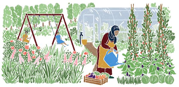 Illustration d’une femme arrosant les plantes de son jardin avec deux enfants en train de faire de la balançoire en arrière-plan.