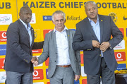 Coach Steve Komphela and Football manager Bobby Motaung introduce the new technical advisor Rob Hutting to the media during the Kaizer Chiefs media briefing at Chiefs Village on January 10, 2018 in Johannesburg.