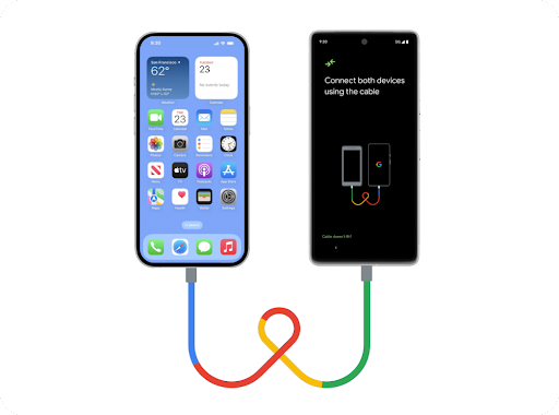 An iPhone and brand new Android phone sit side-by-side, connected by a Lightning USB cord. Data is transferring easily from the iPhone to the new Android phone.