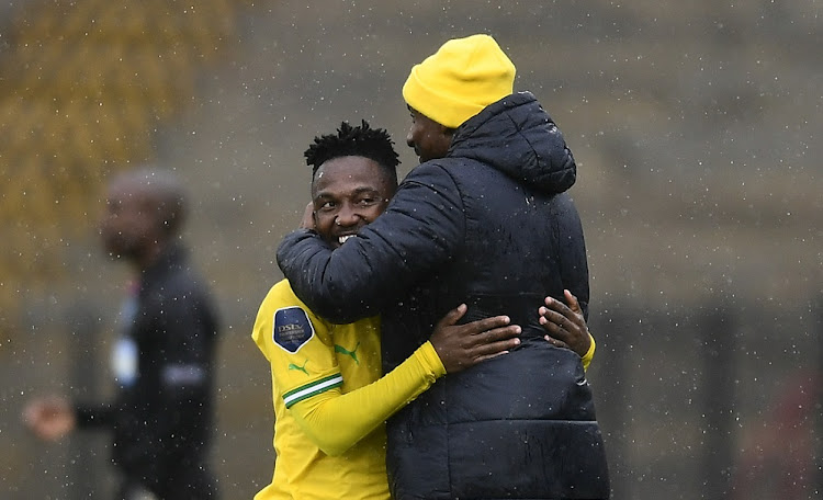 Cassius Mailula of Mamelodi Sundowns celebrates his goal with coach Rulani Mokwena in the DStv Premiership match against Stellenbosch FC at Danie Craven Stadium in Stellenbosch on March 5 2023.