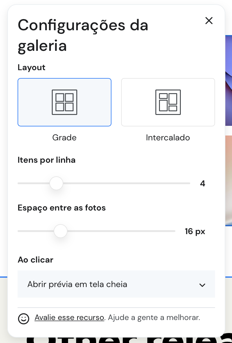 configurações da galeria no criador de sites da hostinger