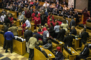 Members of the EFF were forcibly ejected from the National Assembly on 4 May 2016 after attempting to prevent President Jacob Zuma from delivering his budget vote speech.