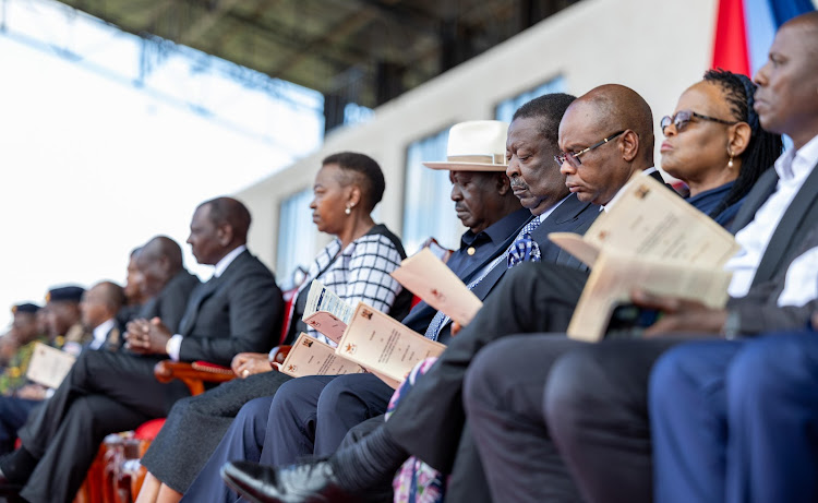 President William Ruto and his spouse Rachel with other leaders during the memorial service of late General Francis Ogolla at Ulinzi sports complex on April 20, 2024.