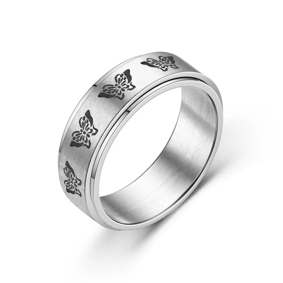 Bague de Couple Rotative en Acier Titane Papillon Rétro Européen et Américain, Élégance et Durabilité.