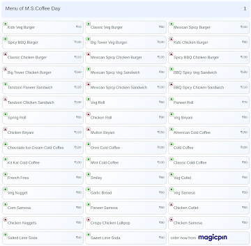 M.S.Coffee Day menu 