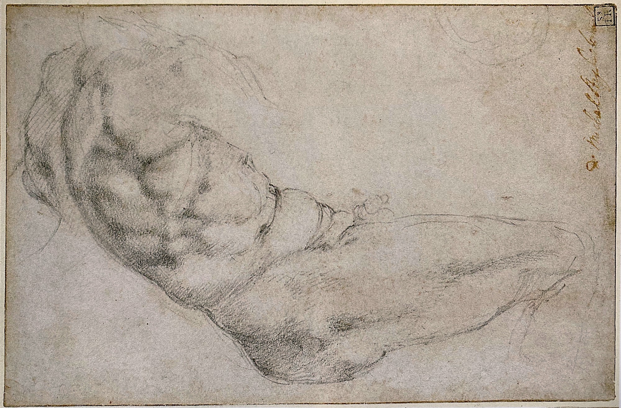 Michelangelo Buonarrotti, Ontwerptekening voor de Dag, ca. 1524-1525,
zwart krjit op papier, Asmolean Museum (Oxford)