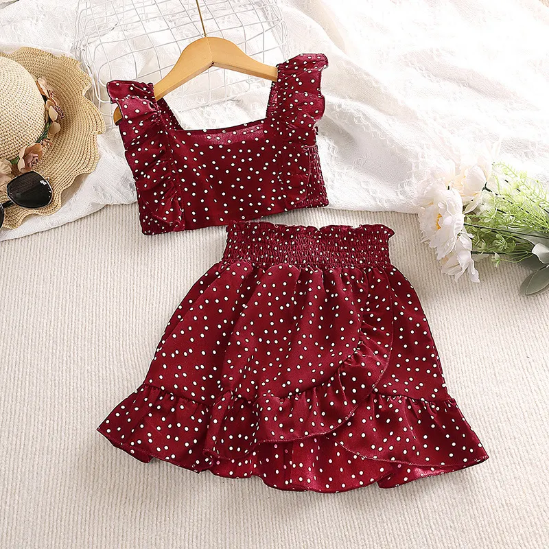 Girls' Polka Dot Brace Top and Lace Skirt Two-piece Set Stylish Party Outfit Comfortable and Chic Perfect for Special Oc