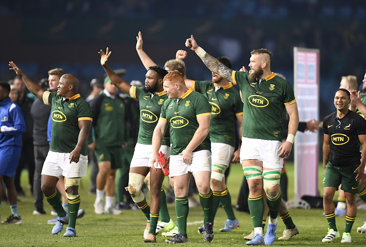 Springbok players acknowledge the fans after their Rugby Championship win against Australia at Loftus Versfeld on July 8 2023.