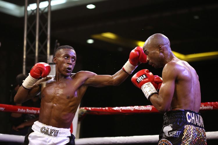 Phumelela Cafu and Jackson Chauke fighting for the Flyweight strap at East London ICC in March last year.