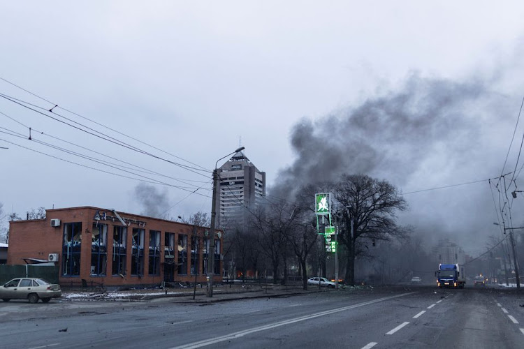 Smoke rises from a building after a blast, amid Russia's invasion of Ukraine, in Kyiv, Ukraine March 1, 2022.