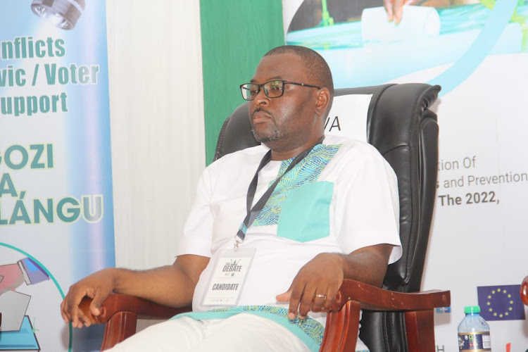 Kwale governor candidate Sammy Ruwa during the governors' debate at the Kenya School of Government in Matuga subcounty.