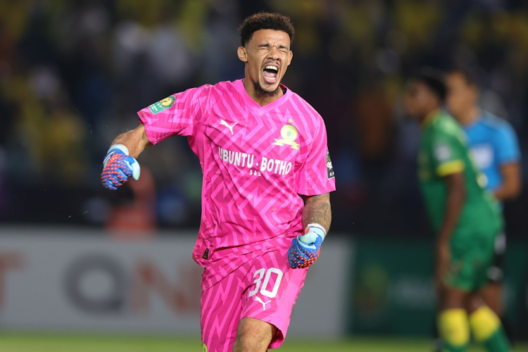 Mamelodi Sundowns captain Ronwen Williams celebrates during their Caf Champions League match against Young Africans at Loftus Stadium.