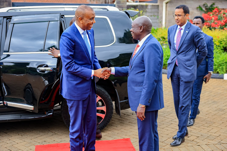 Deputy President Rigathi Gachagua when he welcomed Somalia Prime Minister Hamza Abdi Barre at his Official Residence in Karen, Nairobi, on May 7, 2024.