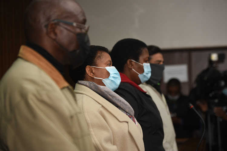 Peter Thabethe, Dr Limakatso Moorosi, Seipati Dlamini and Iqbal Sharma in the Bloemfontein magistrate's court on Thursday.