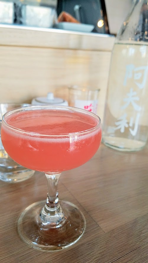 Afuri PDX Sakura Pink Blossom cocktail with Altos Reposado tequila, rhubarb, lemon, Cointreau, Peychaud's