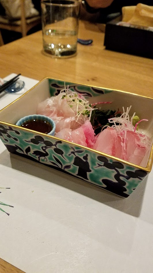 The kaiseki six course dinner option at Chef Naoko's Shizuku includes a fresh wild catch of the day sashimi plate, which for this visit was sea bass and stone fish