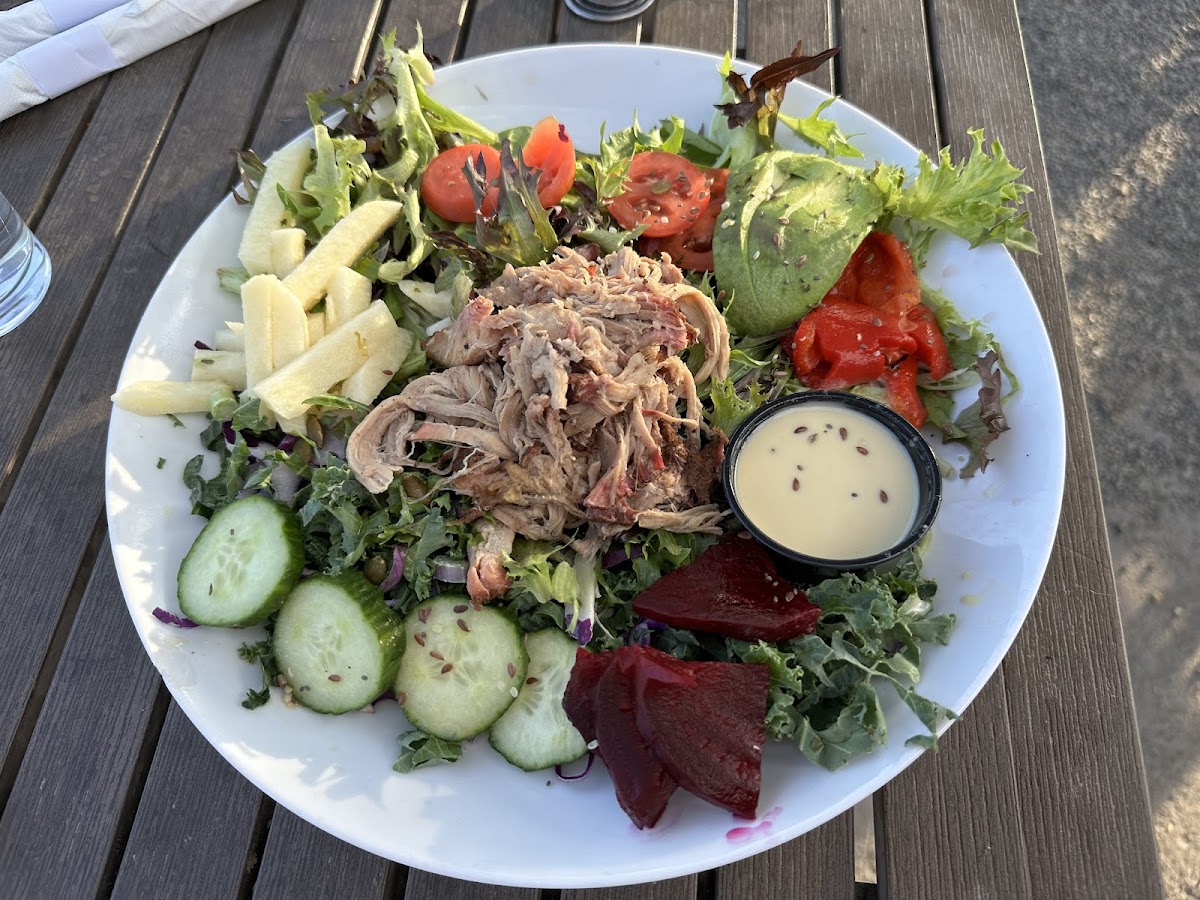 House salad with pulled pork and orange tamari dressing