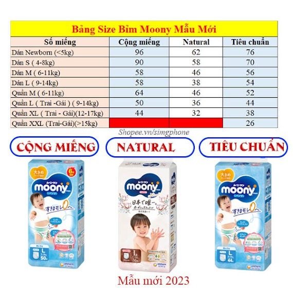 Bỉm /Tã Dán Quần Moony Cộng Miếng/ Natural / Tiêu Chuẩn /Hè Nhật Đủ Size Nb96/S90/M58/ L54/ L44/ Xl44