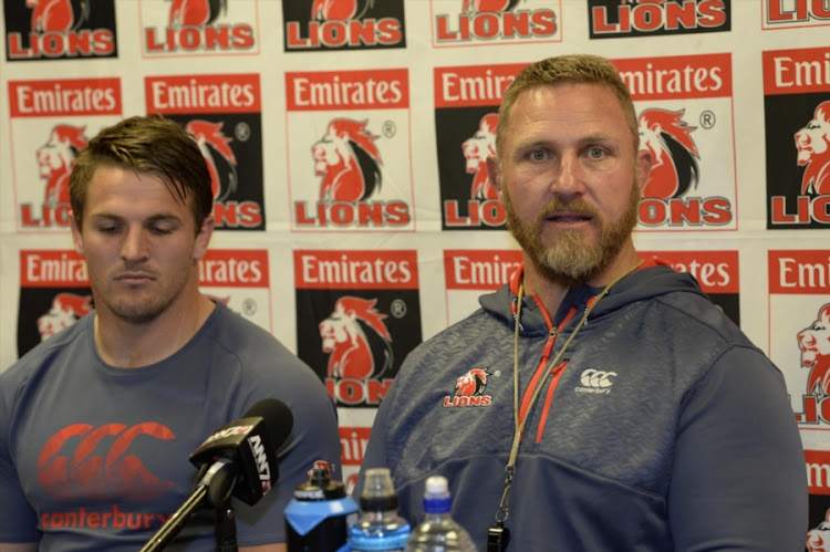 Lions head coach Johan Ackermann (R) and Jaco Kriel during the Emirates Lions press conference at Emirates Airline Park on June 29, 2017 in Johannesburg, South Africa.