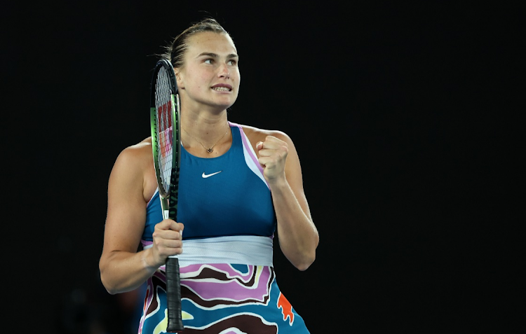 Aryna Sabalenka celebrates winning match point in her semifinal against Magda Linette of Poland on day 11 of the 2023 Australian Open at Melbourne Park on January 26 2023.