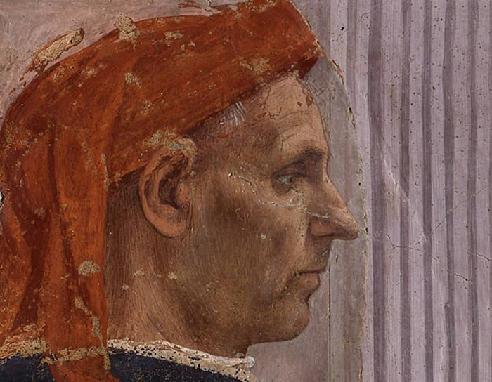 Masaccio e Filippino Lippi, Resurrezione del figlio di Teofilo e san Pietro in cattedra (particolare di uno spettatore che indossa il tipico copricapo rinascimentale), Cappella Brancacci, Santa Maria del Carmine, Firenze