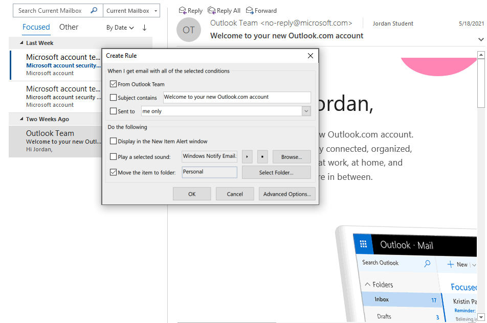 Screenshot of Create Rule popup window in Outlook