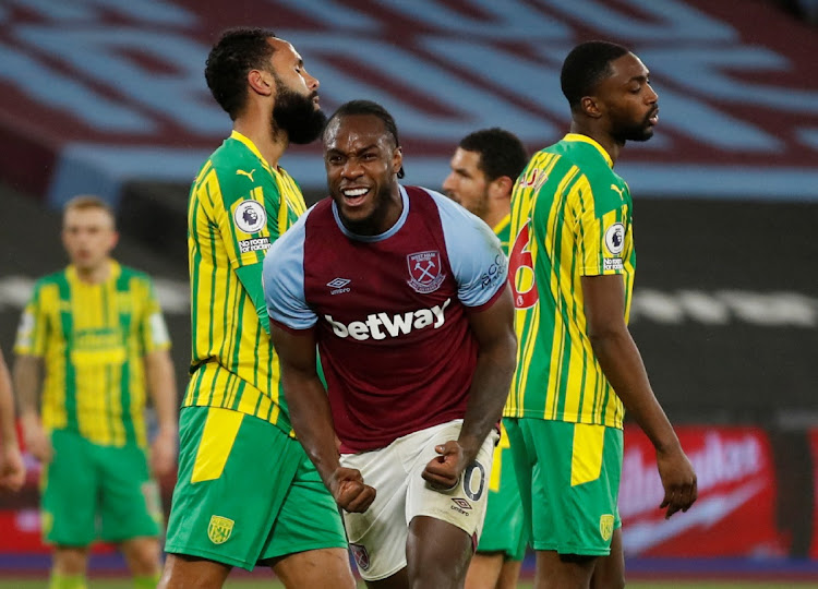 West Ham United's Michail Antonio celebrates scoring against West Bromwich Albion at London Stadium on January 19, 2021