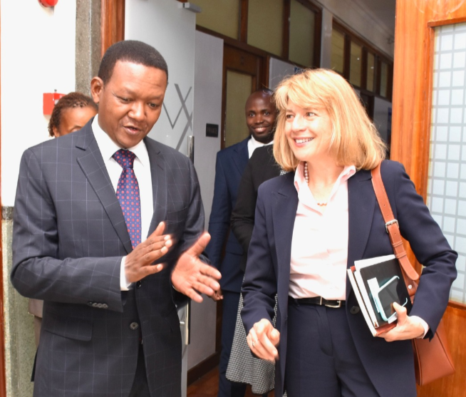 Foreign and Diaspora Affairs CS Alfred Mutua with the Representative and Country Director of WFP_Kenya Lauren Landis at the Old Treasury building, Harambee Avenue on January 16,2023.